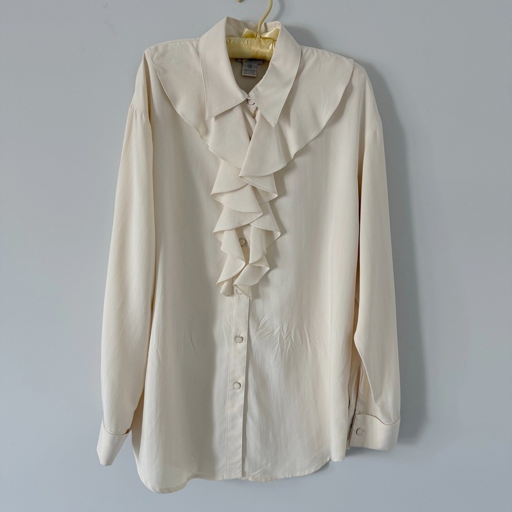 Vintage George Georgiou 100% Silk Ruffle Jabot Blouse Ivory 12 Edwardian Romance